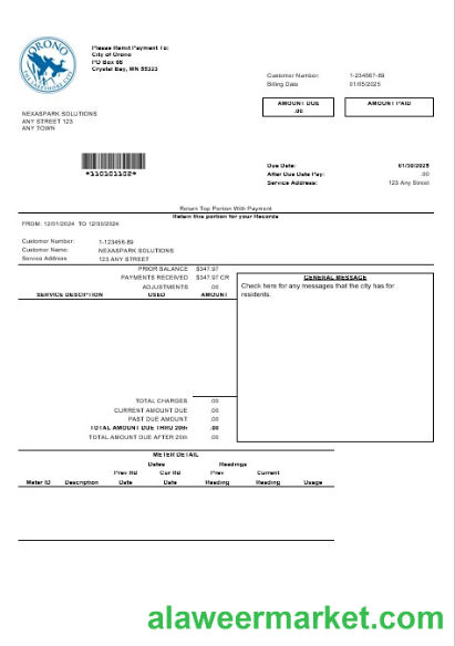 USA Nevada Orono The Lakehore City business utility bill template in Word and PDF formats